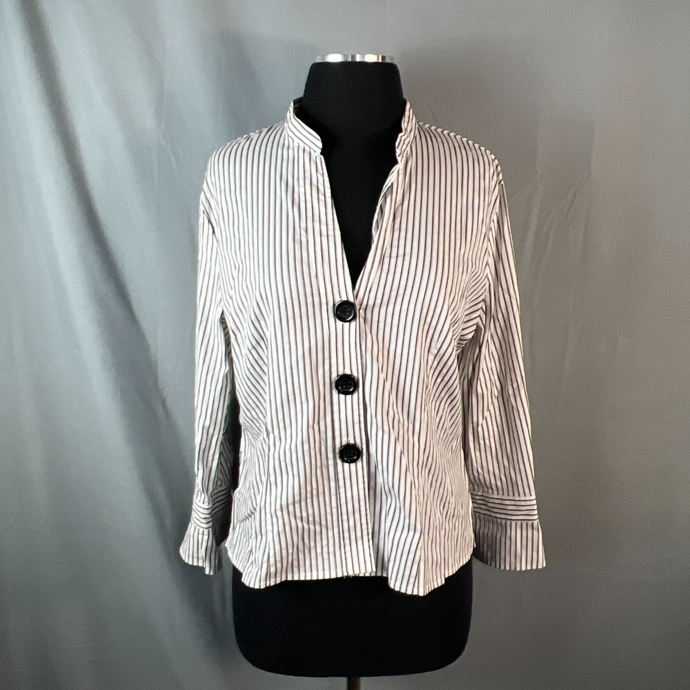 Spense Petite Shirt Womens PL White Black Striped Stretch Long Sleeve Button Up